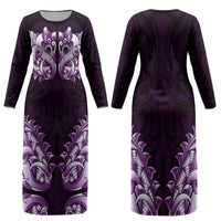 New Zealand Ta Moko Family Matching Long Sleeve Bodycon Dress and Hawaiian Shirt Aotearoa Maori Chest Tattoo Purple