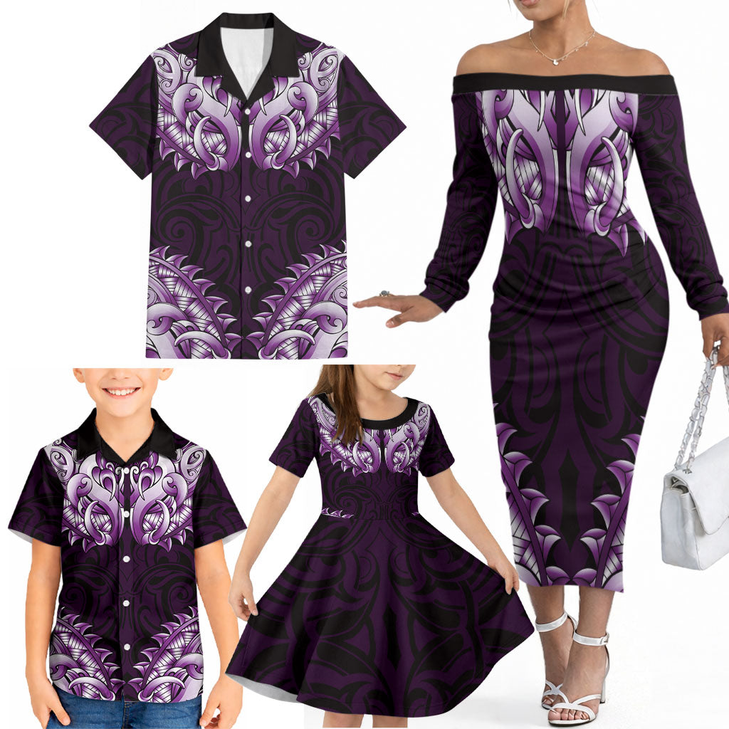 New Zealand Ta Moko Family Matching Off The Shoulder Long Sleeve Dress and Hawaiian Shirt Aotearoa Maori Chest Tattoo Purple