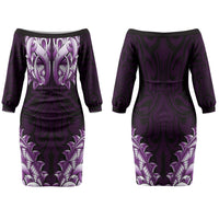 New Zealand Ta Moko Family Matching Off The Shoulder Long Sleeve Dress and Hawaiian Shirt Aotearoa Maori Chest Tattoo Purple