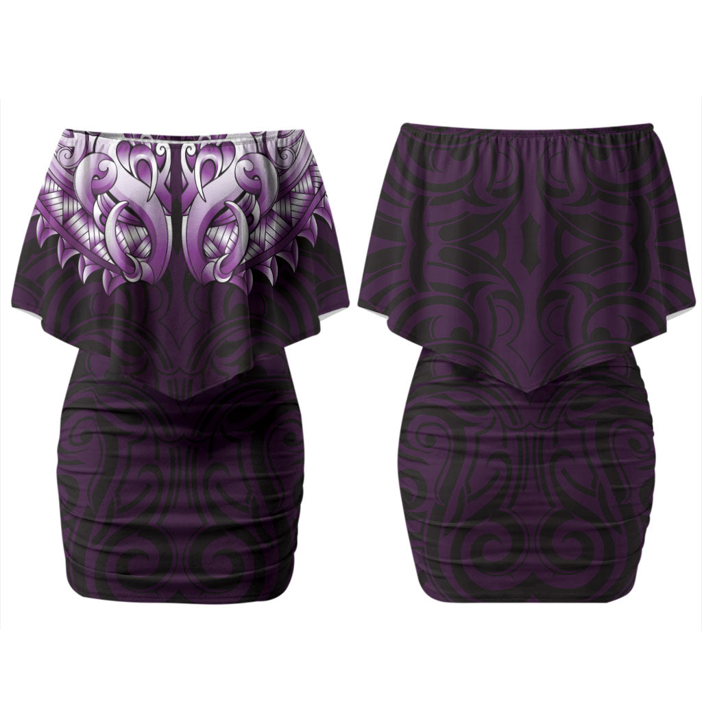 New Zealand Ta Moko Family Matching Off Shoulder Short Dress and Hawaiian Shirt Aotearoa Maori Chest Tattoo Purple