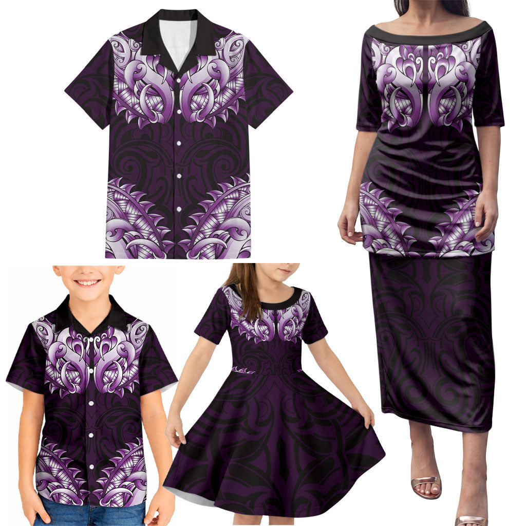 New Zealand Ta Moko Family Matching Puletasi and Hawaiian Shirt Aotearoa Maori Chest Tattoo Purple