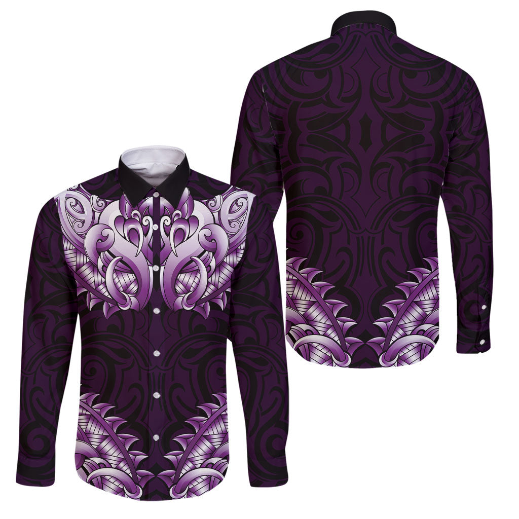 New Zealand Ta Moko Family Matching Summer Maxi Dress and Hawaiian Shirt Aotearoa Maori Chest Tattoo Purple