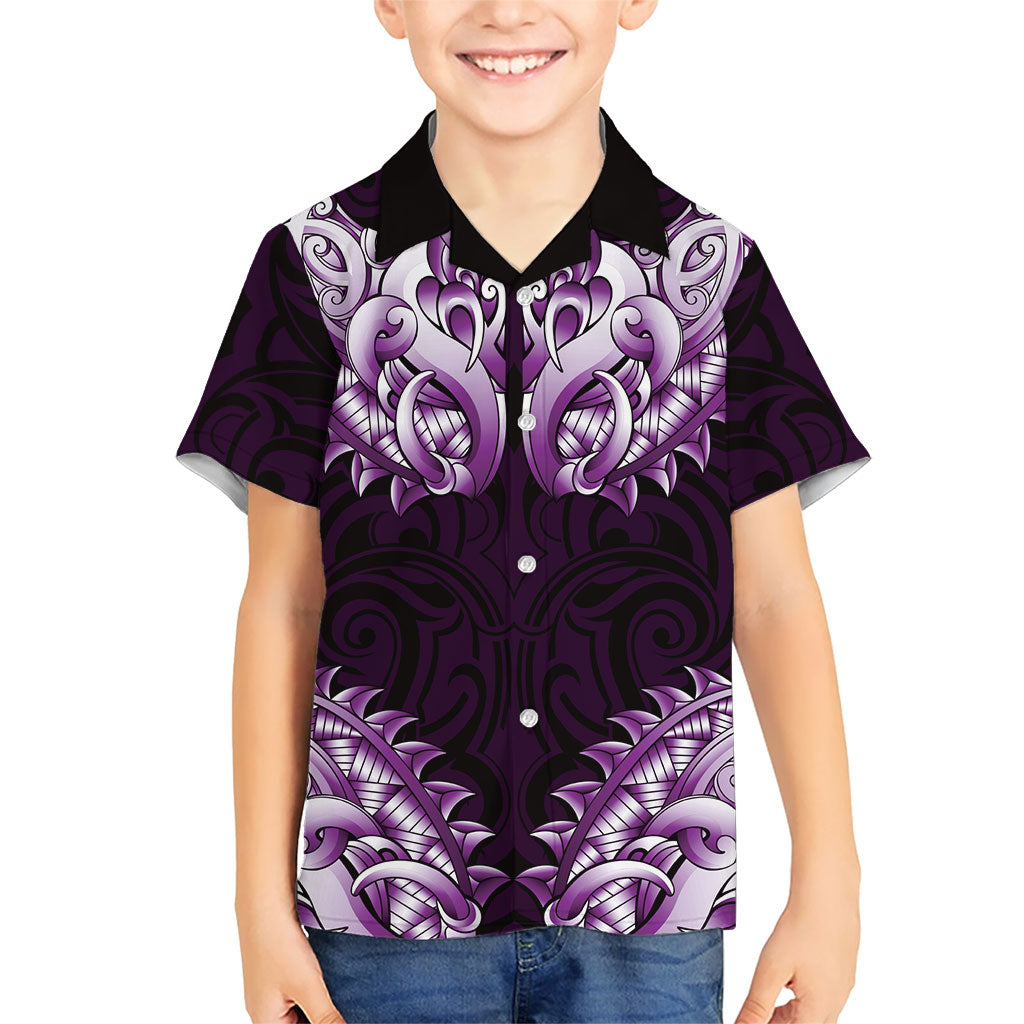New Zealand Ta Moko Kid Hawaiian Shirt Aotearoa Maori Chest Tattoo Purple LT14 Kid Purple - Polynesian Pride