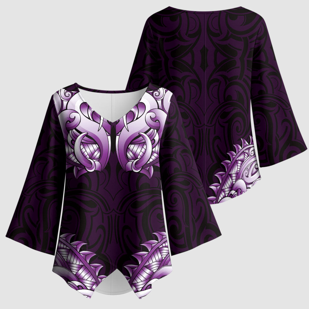New Zealand Ta Moko Kimono Sleeve Blouse Aotearoa Maori Chest Tattoo Purple