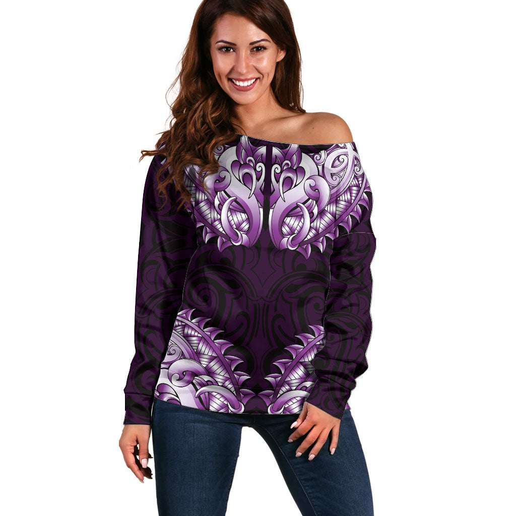 New Zealand Ta Moko Off Shoulder Sweater Aotearoa Maori Chest Tattoo Purple
