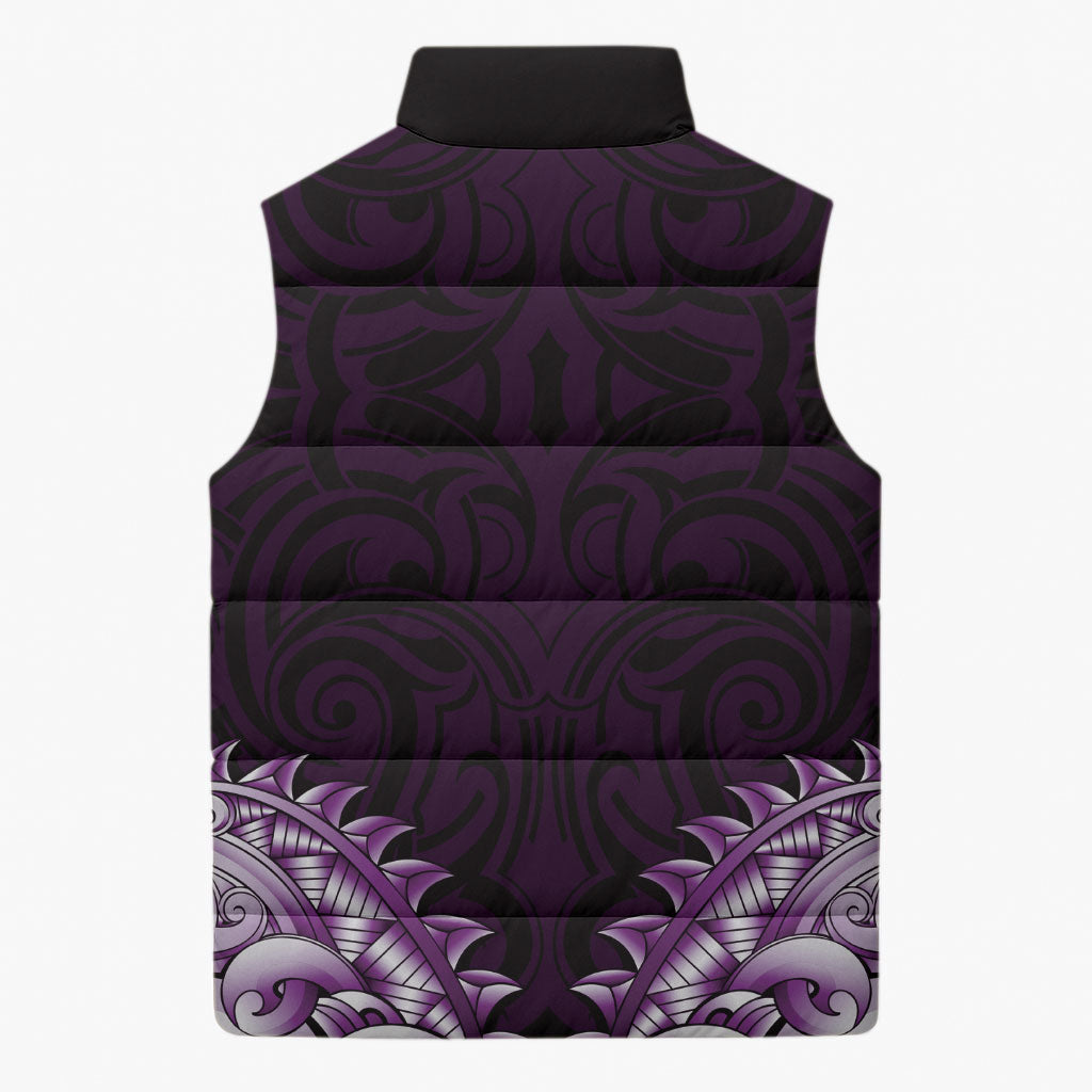 New Zealand Ta Moko Sleeveless Puffer Jacket Aotearoa Maori Chest Tattoo Purple