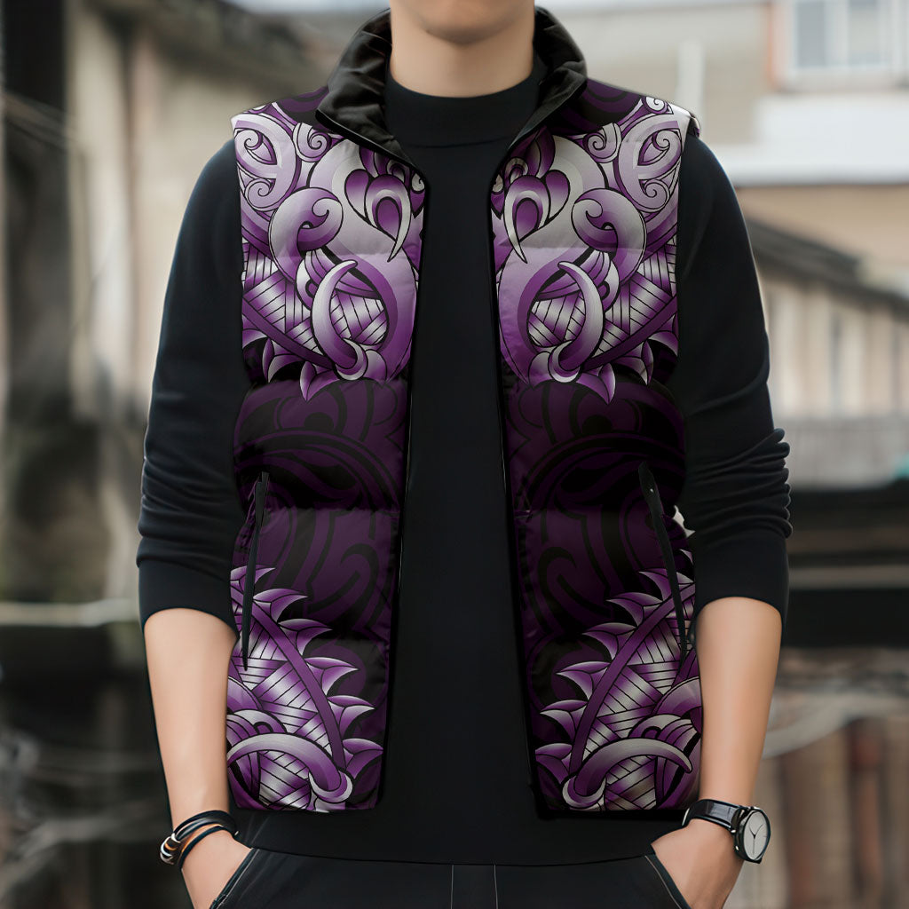 New Zealand Ta Moko Sleeveless Puffer Jacket Aotearoa Maori Chest Tattoo Purple