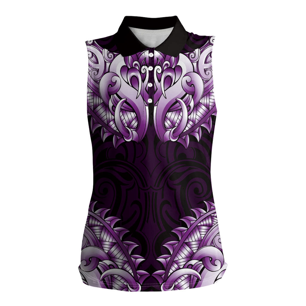 New Zealand Ta Moko Women Sleeveless Polo Shirt Aotearoa Maori Chest Tattoo Purple LT14 Female Purple - Polynesian Pride