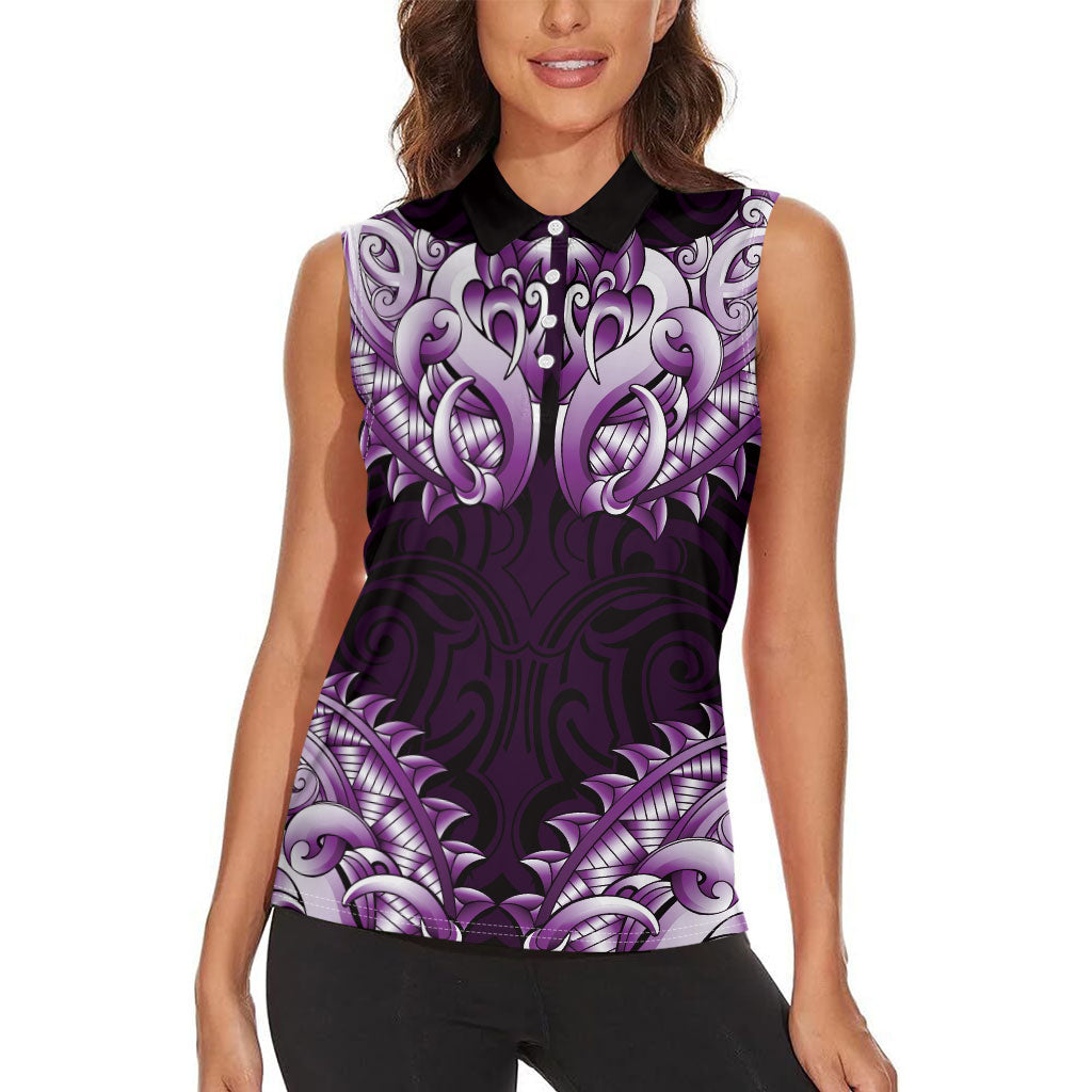 New Zealand Ta Moko Women Sleeveless Polo Shirt Aotearoa Maori Chest Tattoo Purple