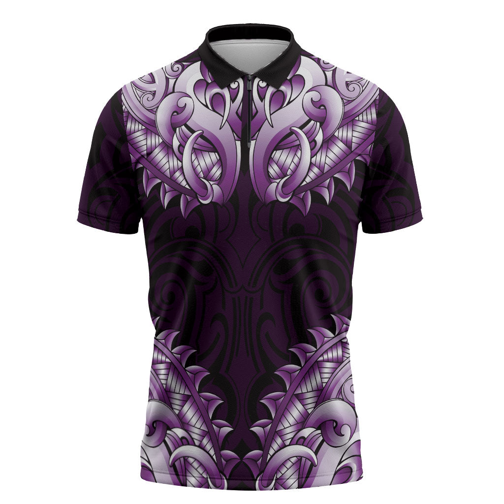 New Zealand Ta Moko Zipper Polo Shirt Aotearoa Maori Chest Tattoo Purple LT14 Purple - Polynesian Pride