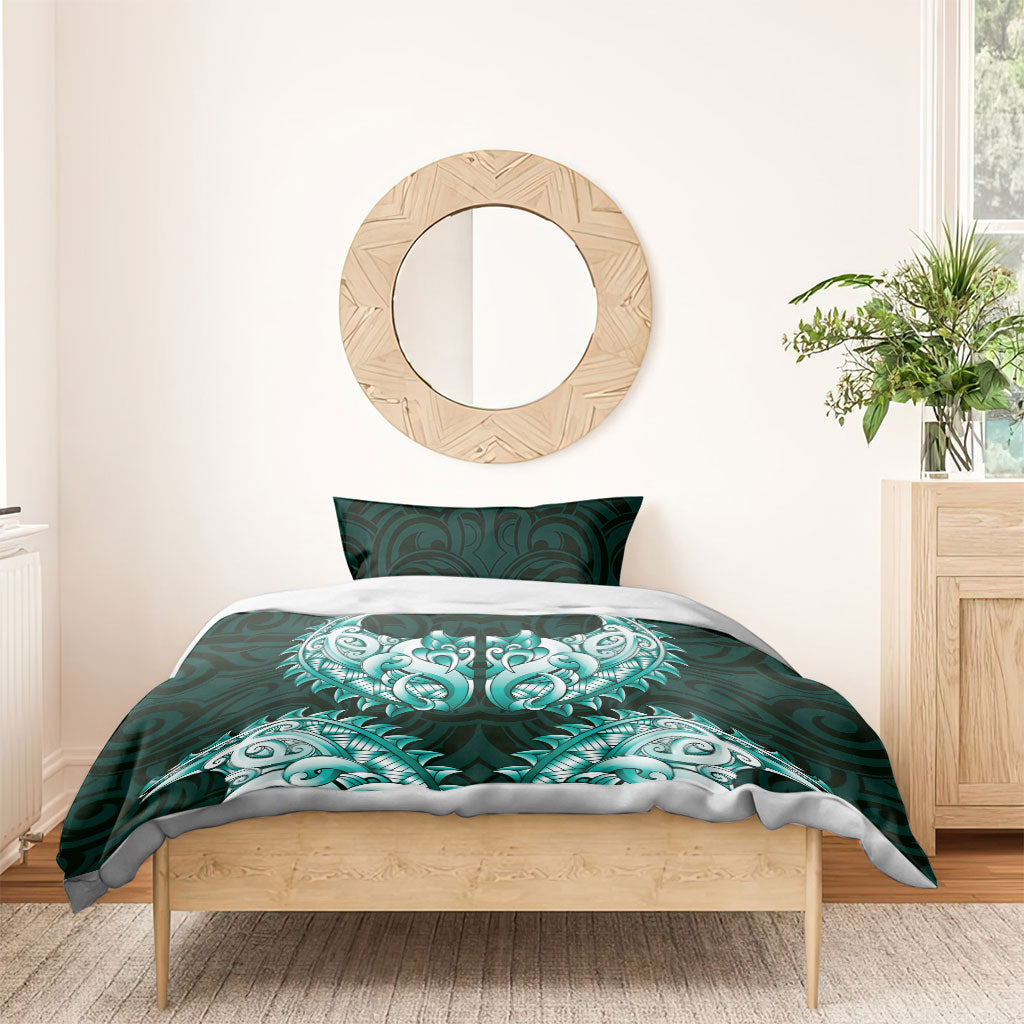New Zealand Ta Moko Bedding Set Aotearoa Maori Chest Tattoo Turquoise