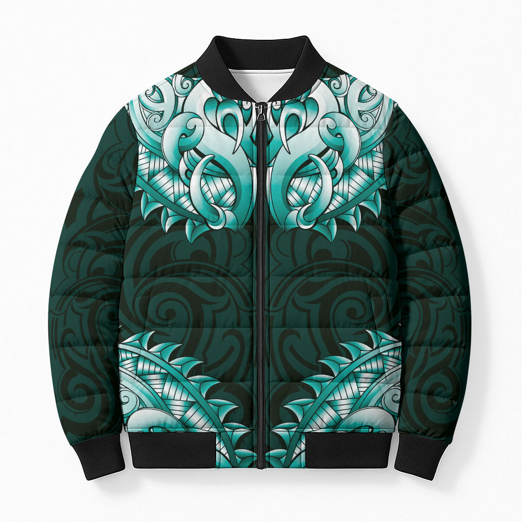 New Zealand Ta Moko Bomber Puffer Jacket Aotearoa Maori Chest Tattoo Turquoise