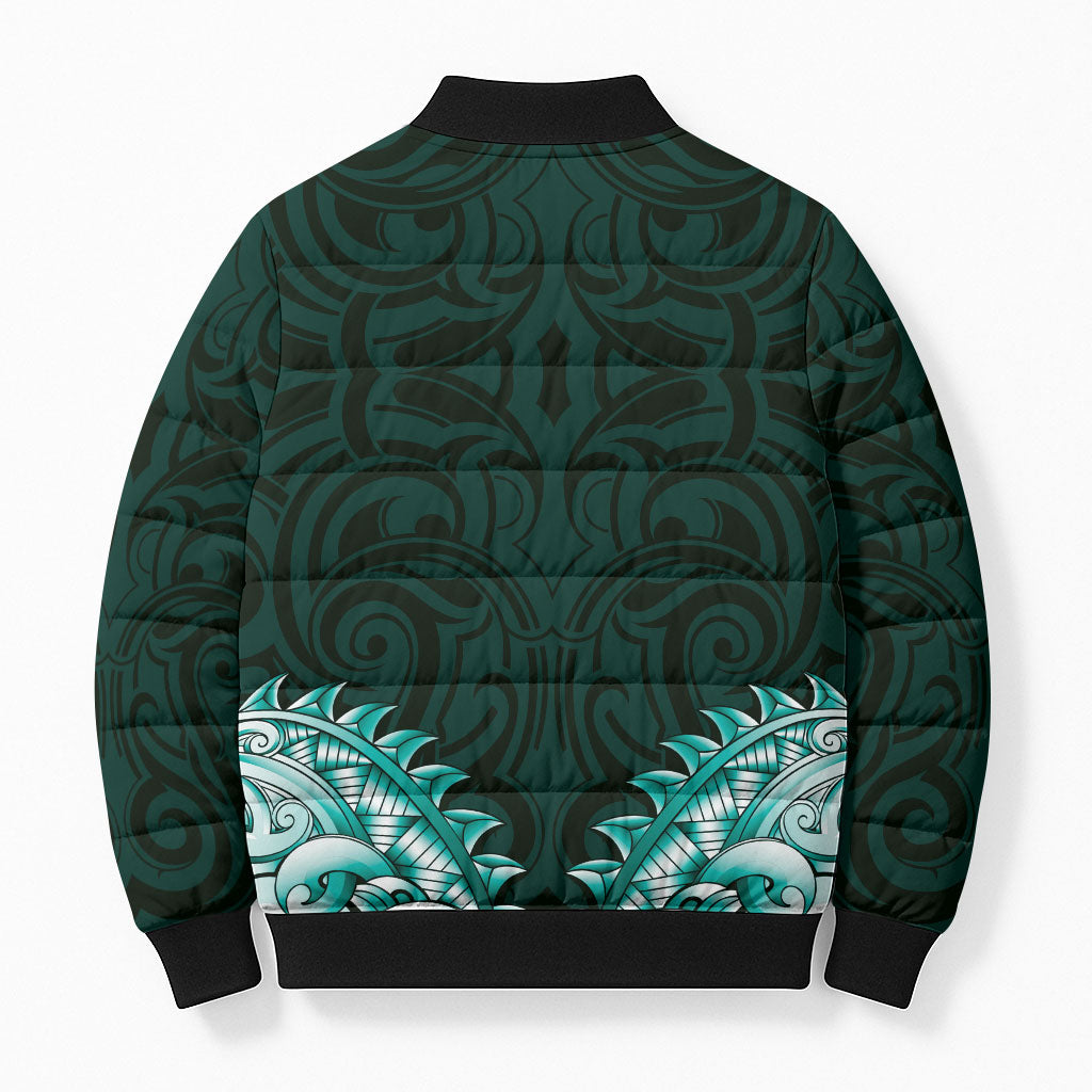 New Zealand Ta Moko Bomber Puffer Jacket Aotearoa Maori Chest Tattoo Turquoise