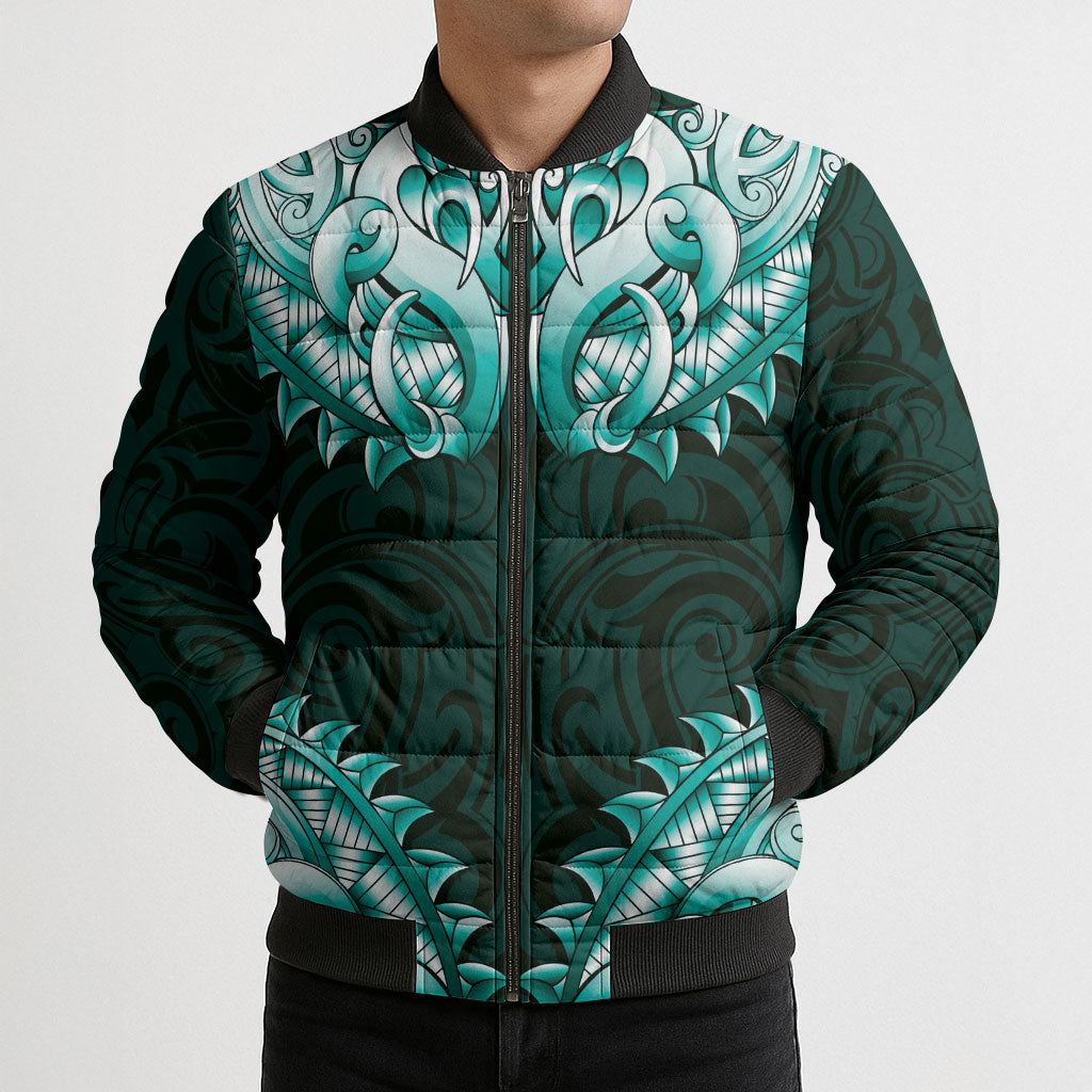 New Zealand Ta Moko Bomber Puffer Jacket Aotearoa Maori Chest Tattoo Turquoise