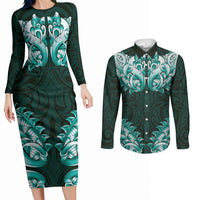 New Zealand Ta Moko Couples Matching Long Sleeve Bodycon Dress and Long Sleeve Button Shirt Aotearoa Maori Chest Tattoo Turquoise