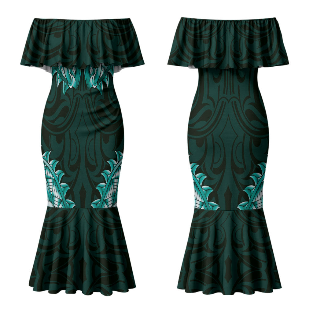 New Zealand Ta Moko Couples Matching Mermaid Dress and Hawaiian Shirt Aotearoa Maori Chest Tattoo Turquoise