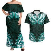 New Zealand Ta Moko Couples Matching Off Shoulder Maxi Dress and Hawaiian Shirt Aotearoa Maori Chest Tattoo Turquoise