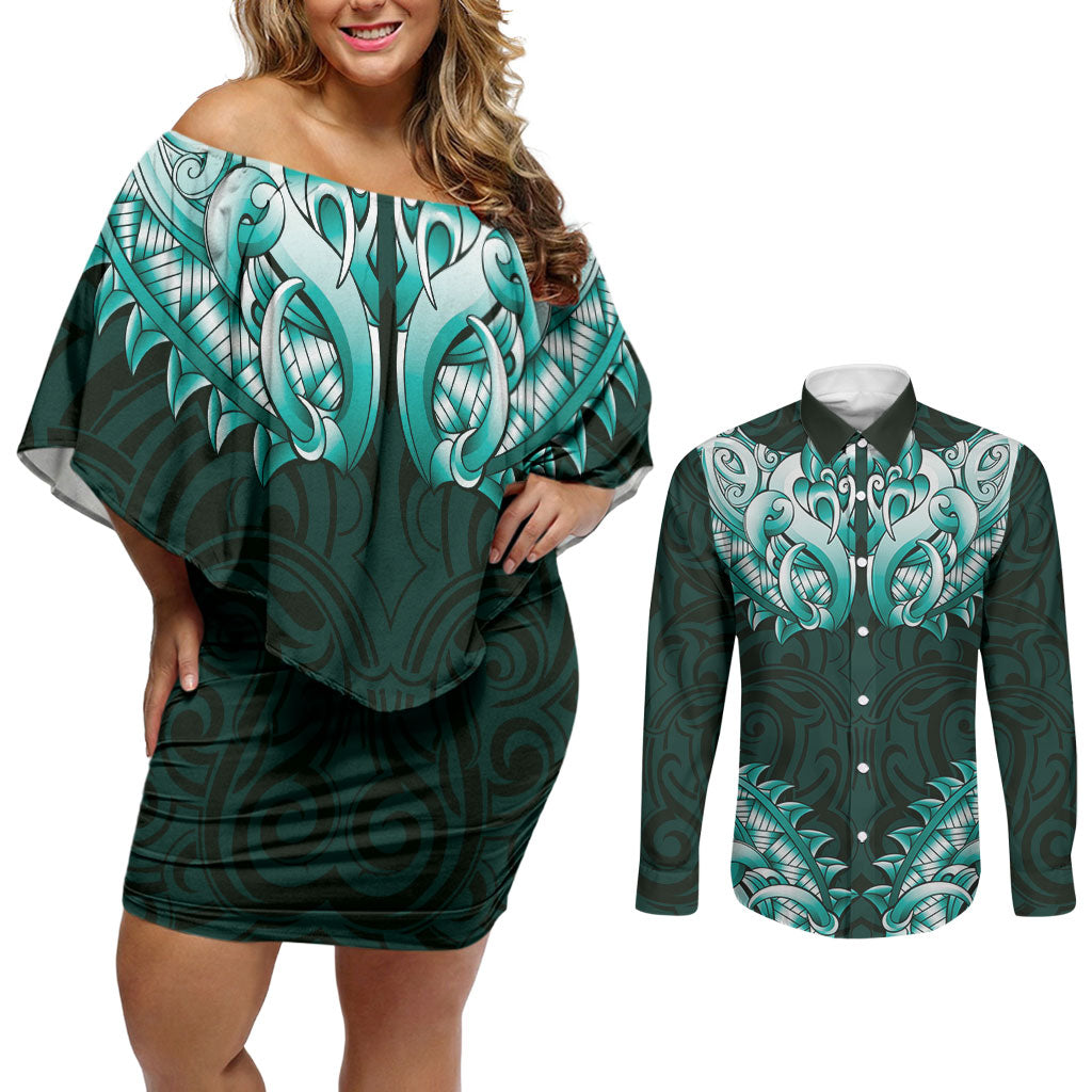 New Zealand Ta Moko Couples Matching Off Shoulder Short Dress and Long Sleeve Button Shirt Aotearoa Maori Chest Tattoo Turquoise