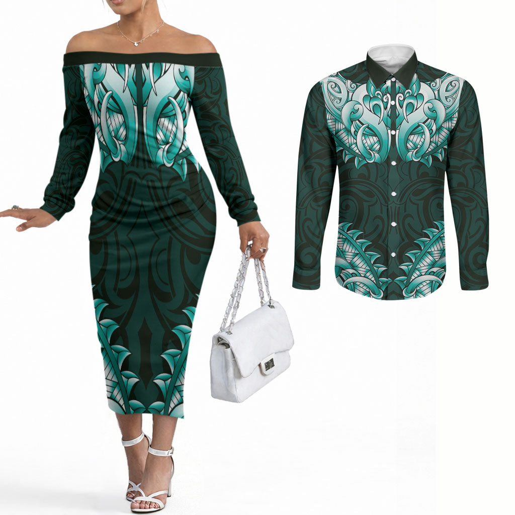 New Zealand Ta Moko Couples Matching Off The Shoulder Long Sleeve Dress and Long Sleeve Button Shirt Aotearoa Maori Chest Tattoo Turquoise LT14 Turquoise - Polynesian Pride