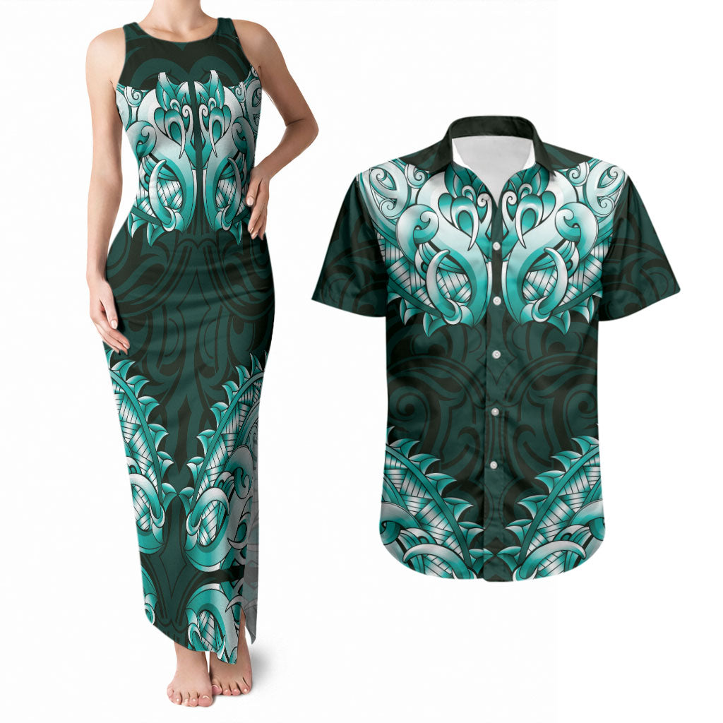 New Zealand Ta Moko Couples Matching Tank Maxi Dress and Hawaiian Shirt Aotearoa Maori Chest Tattoo Turquoise