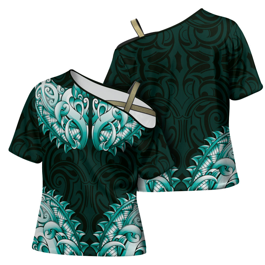 New Zealand Ta Moko Cross Shoulder Shirt Aotearoa Maori Chest Tattoo Turquoise