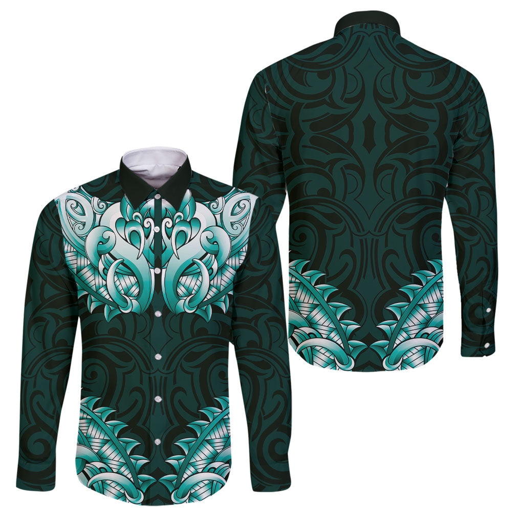 New Zealand Ta Moko Family Matching Off Shoulder Maxi Dress and Hawaiian Shirt Aotearoa Maori Chest Tattoo Turquoise