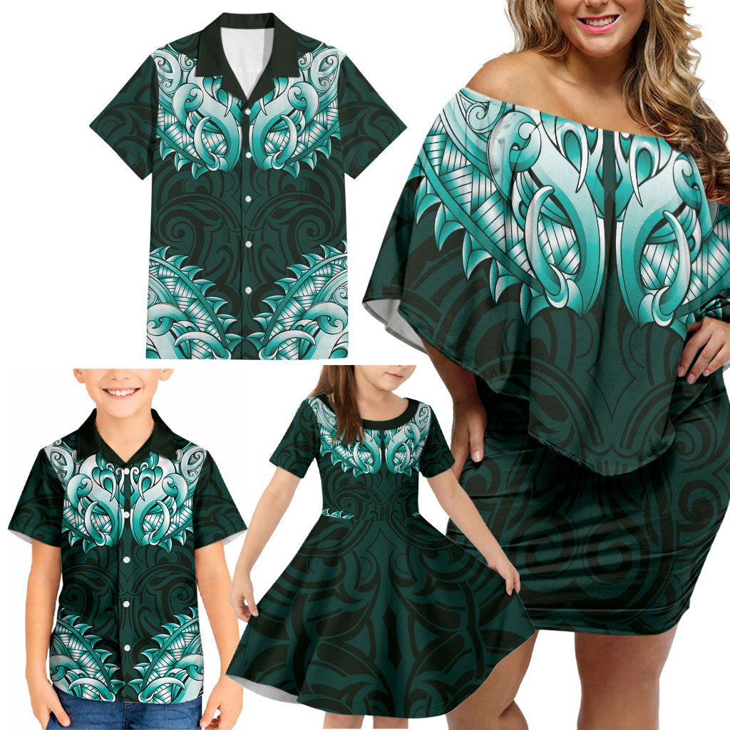 New Zealand Ta Moko Family Matching Off Shoulder Short Dress and Hawaiian Shirt Aotearoa Maori Chest Tattoo Turquoise LT14 - Polynesian Pride