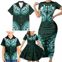 New Zealand Ta Moko Family Matching Short Sleeve Bodycon Dress and Hawaiian Shirt Aotearoa Maori Chest Tattoo Turquoise