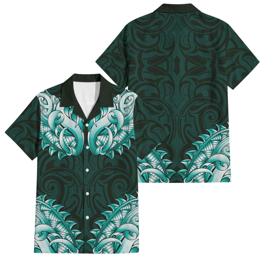 New Zealand Ta Moko Family Matching Short Sleeve Bodycon Dress and Hawaiian Shirt Aotearoa Maori Chest Tattoo Turquoise