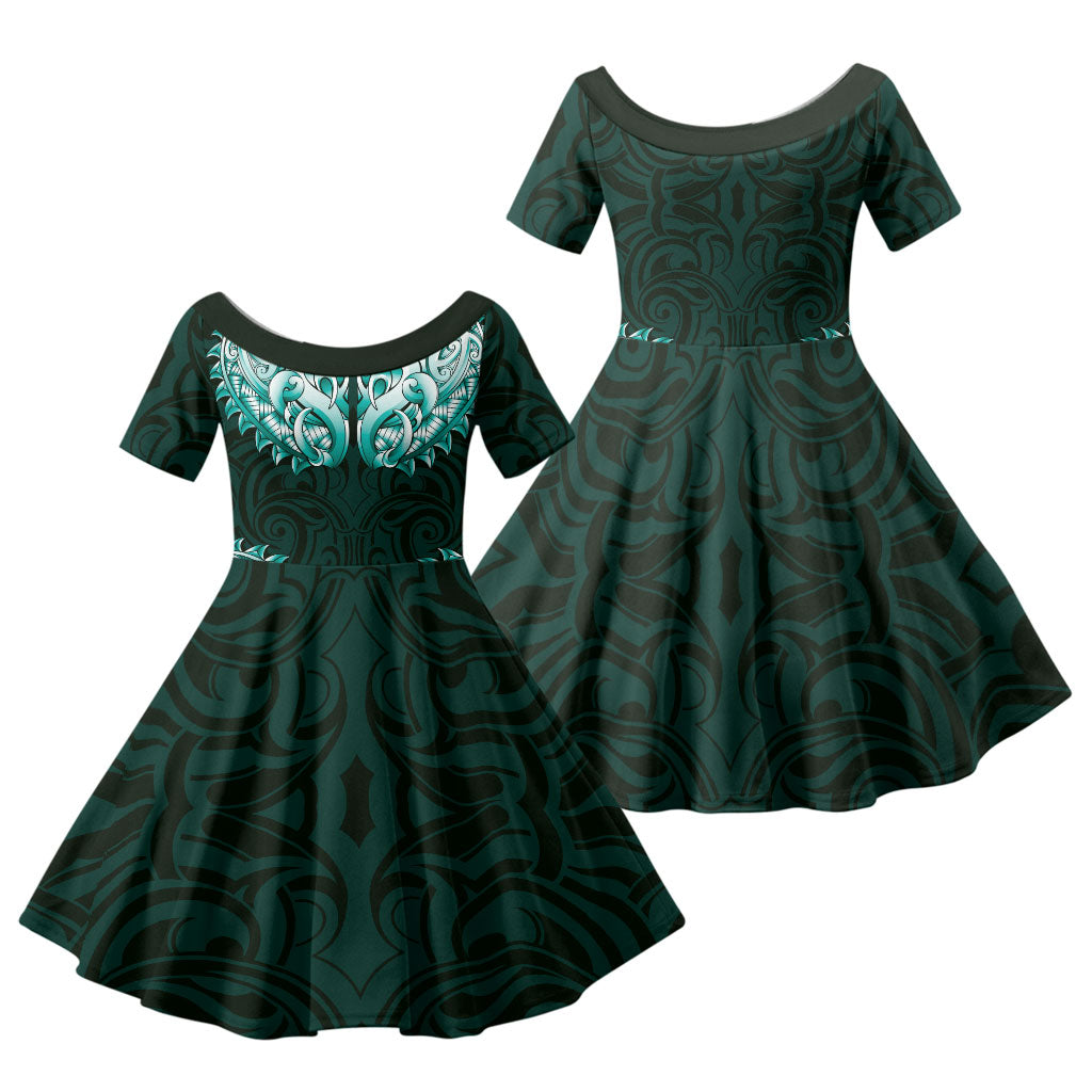 New Zealand Ta Moko Family Matching Short Sleeve Bodycon Dress and Hawaiian Shirt Aotearoa Maori Chest Tattoo Turquoise