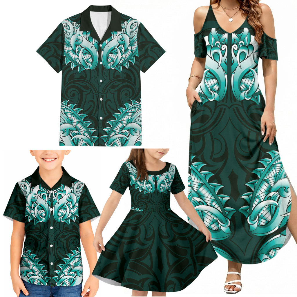 New Zealand Ta Moko Family Matching Summer Maxi Dress and Hawaiian Shirt Aotearoa Maori Chest Tattoo Turquoise LT14 - Polynesian Pride