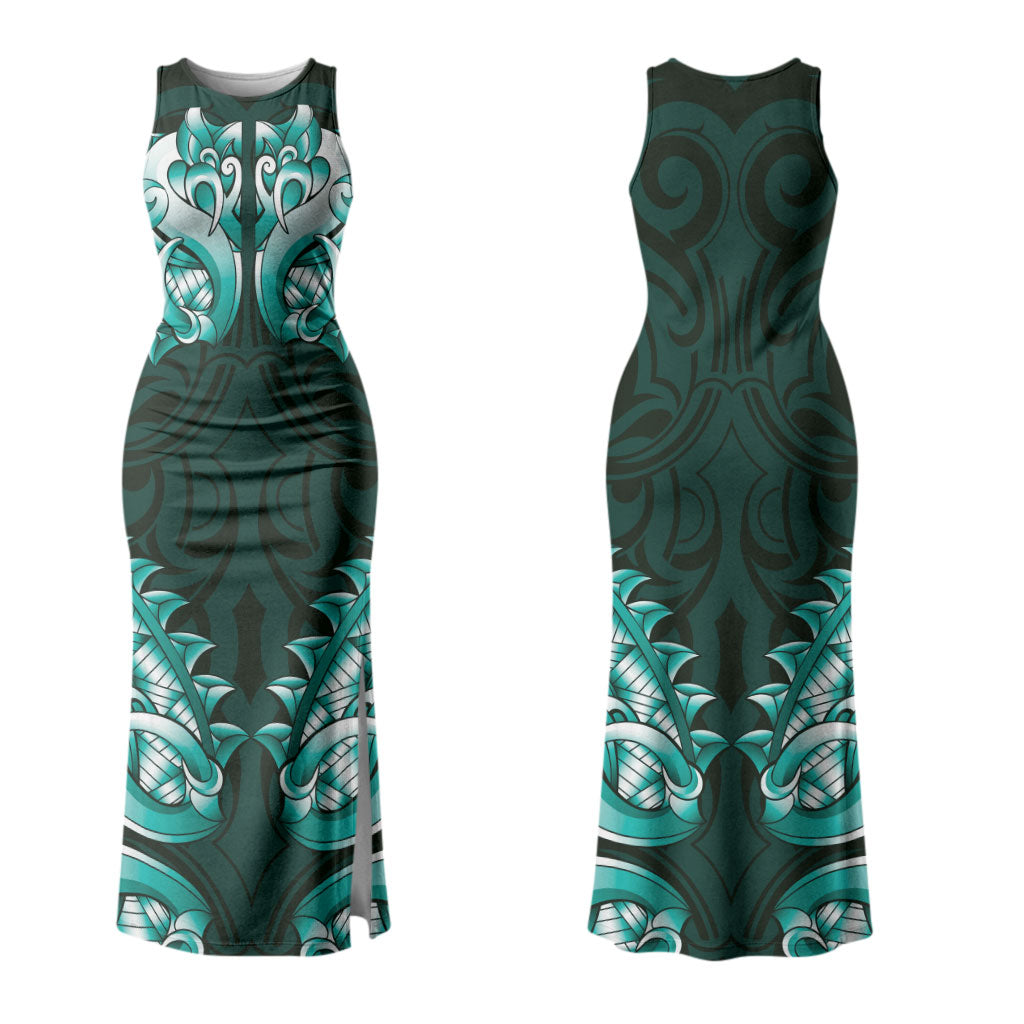 New Zealand Ta Moko Family Matching Tank Maxi Dress and Hawaiian Shirt Aotearoa Maori Chest Tattoo Turquoise
