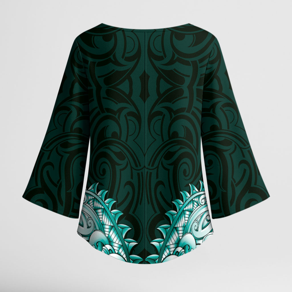 New Zealand Ta Moko Kimono Sleeve Blouse Aotearoa Maori Chest Tattoo Turquoise