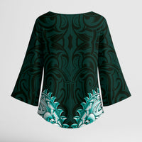 New Zealand Ta Moko Kimono Sleeve Blouse Aotearoa Maori Chest Tattoo Turquoise