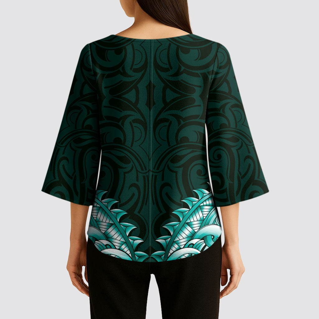 New Zealand Ta Moko Kimono Sleeve Blouse Aotearoa Maori Chest Tattoo Turquoise