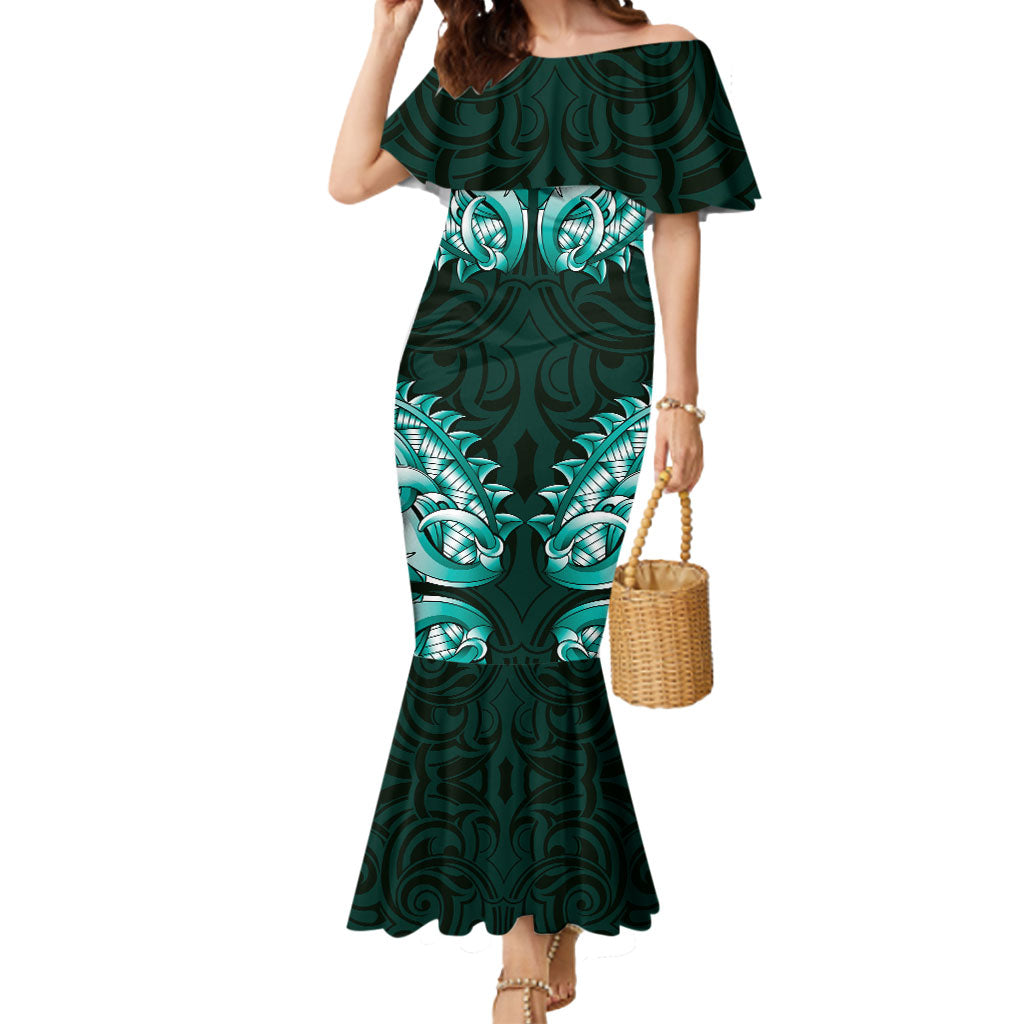 New Zealand Ta Moko Mermaid Dress Aotearoa Maori Chest Tattoo Turquoise