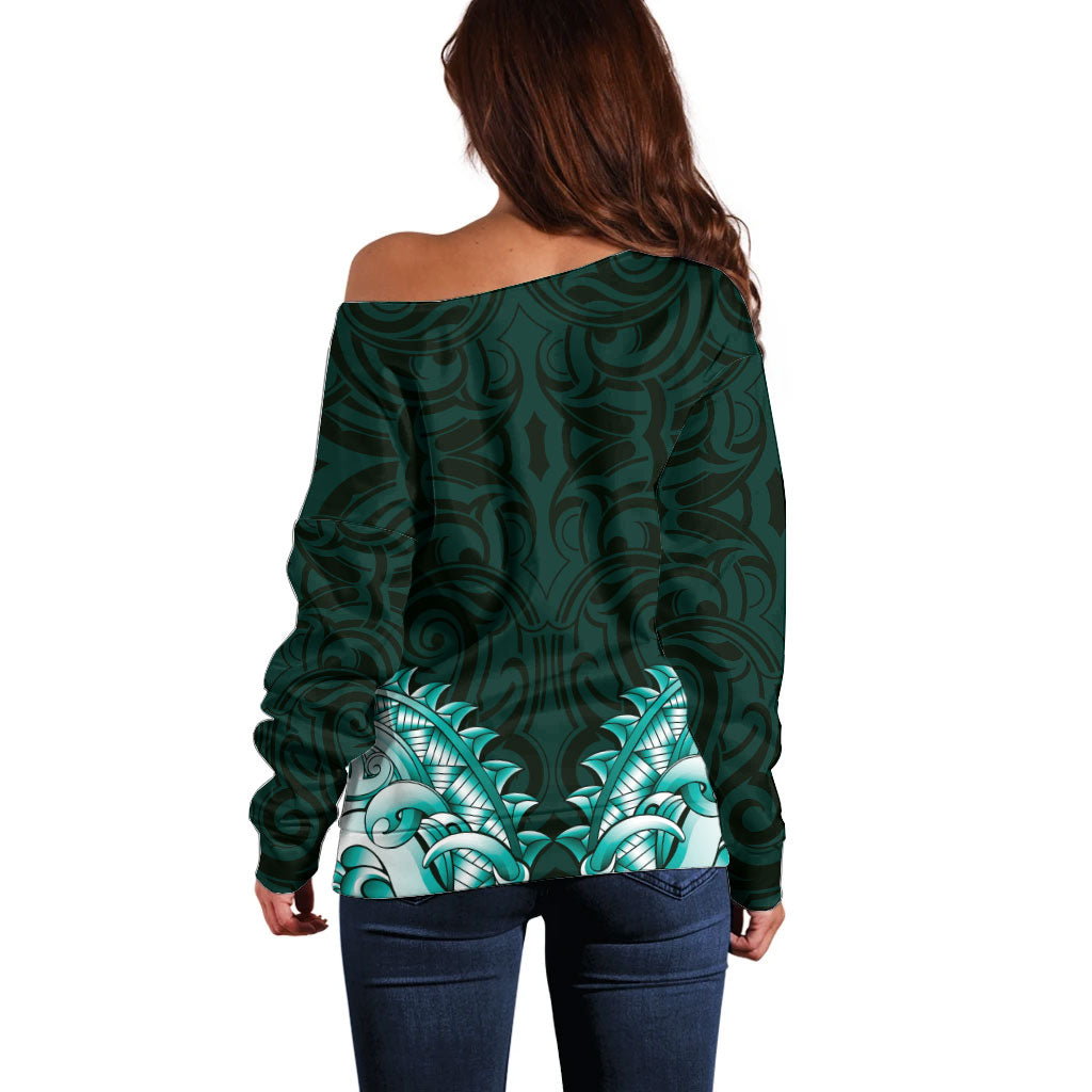 New Zealand Ta Moko Off Shoulder Sweater Aotearoa Maori Chest Tattoo Turquoise