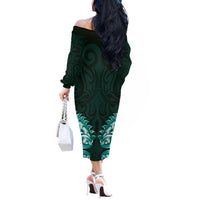 New Zealand Ta Moko Off The Shoulder Long Sleeve Dress Aotearoa Maori Chest Tattoo Turquoise