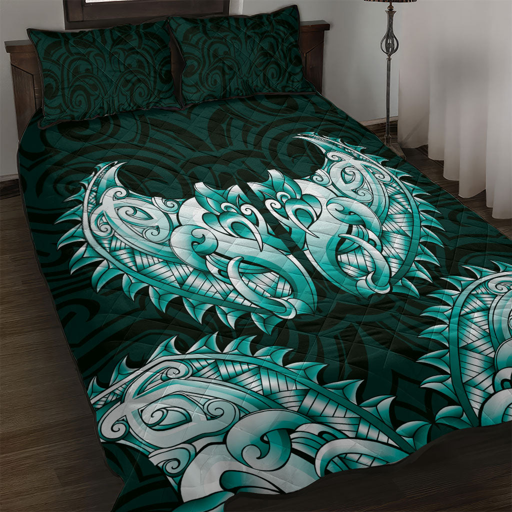 New Zealand Ta Moko Quilt Bed Set Aotearoa Maori Chest Tattoo Turquoise