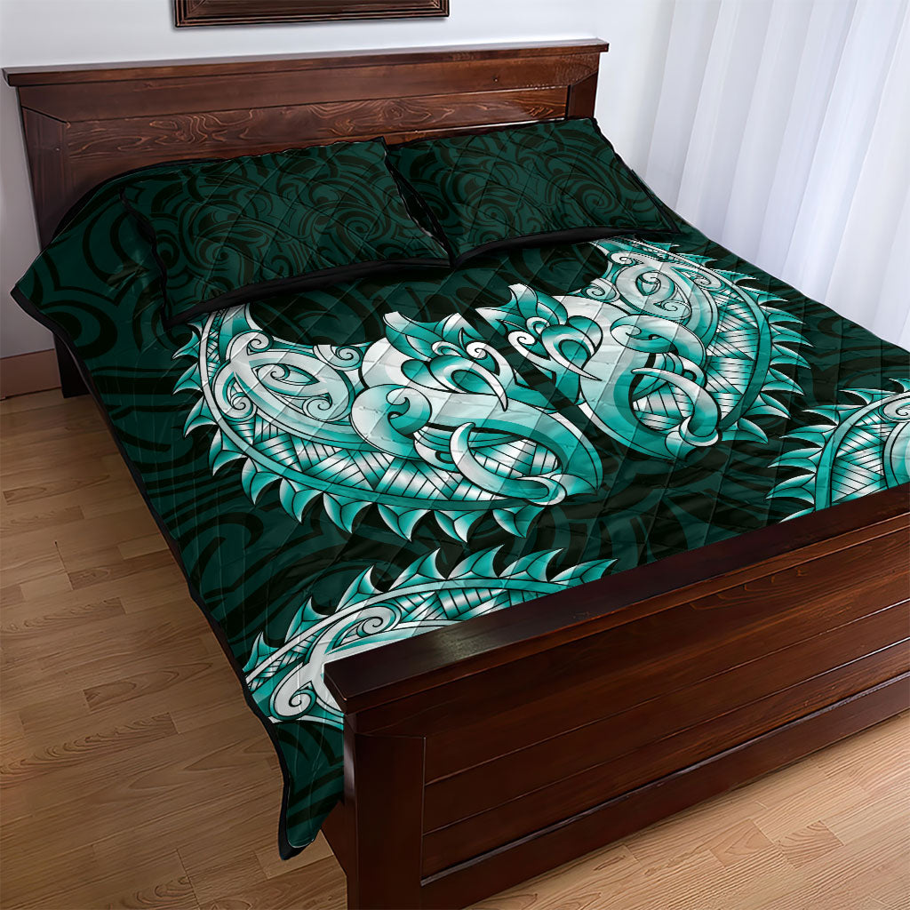 New Zealand Ta Moko Quilt Bed Set Aotearoa Maori Chest Tattoo Turquoise