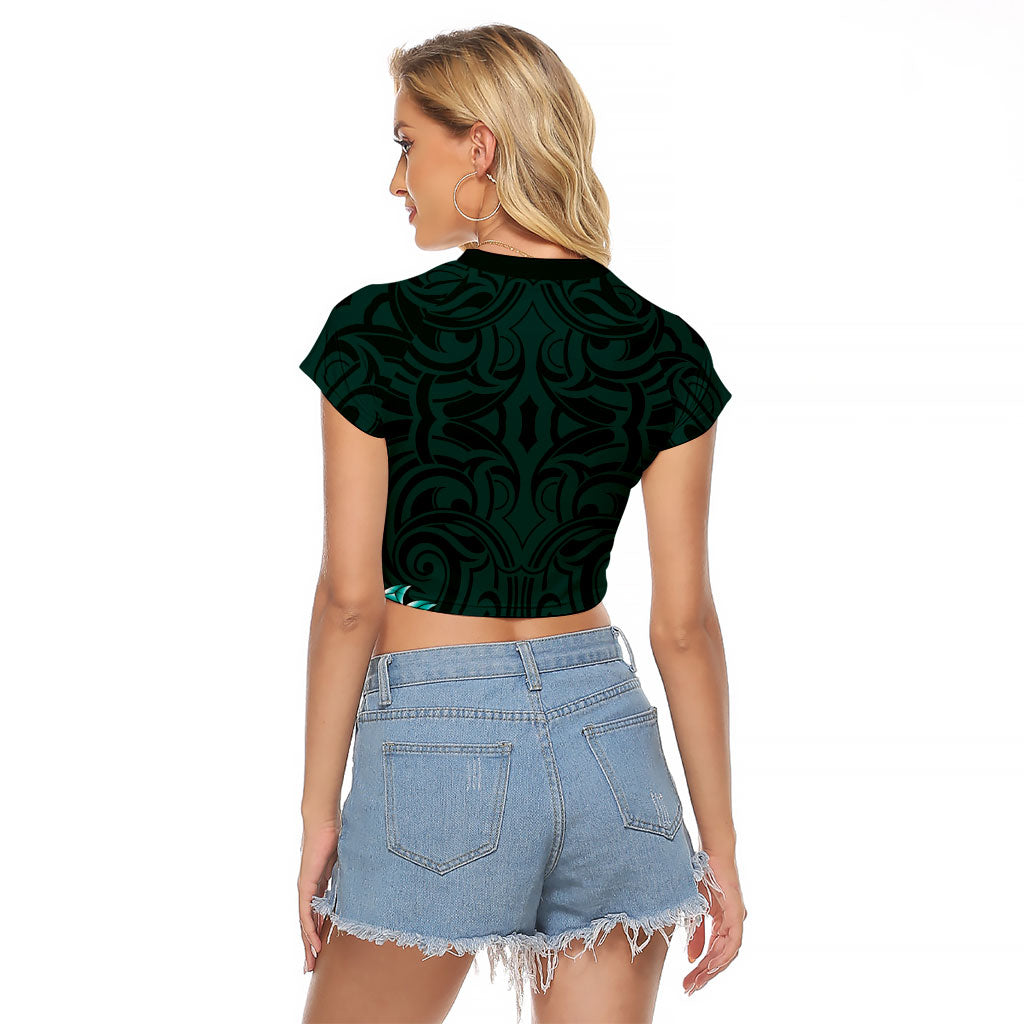 New Zealand Ta Moko Raglan Cropped T Shirt Aotearoa Maori Chest Tattoo Turquoise