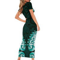 New Zealand Ta Moko Short Sleeve Bodycon Dress Aotearoa Maori Chest Tattoo Turquoise