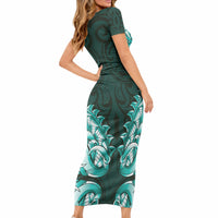 New Zealand Ta Moko Short Sleeve Bodycon Dress Aotearoa Maori Chest Tattoo Turquoise LT14 - Polynesian Pride