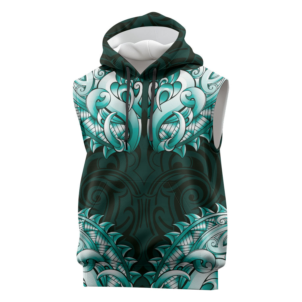 New Zealand Ta Moko Sleeveless Hoodie Aotearoa Maori Chest Tattoo Turquoise