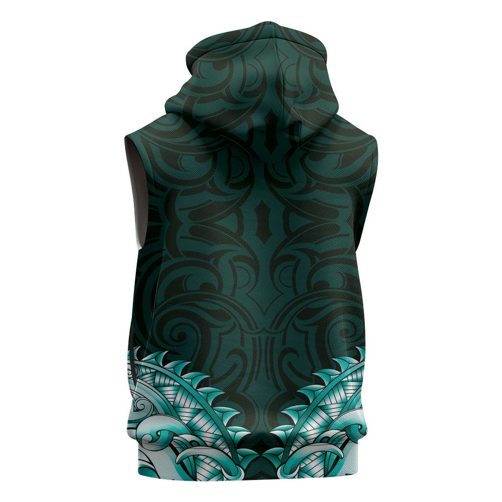 New Zealand Ta Moko Sleeveless Hoodie Aotearoa Maori Chest Tattoo Turquoise