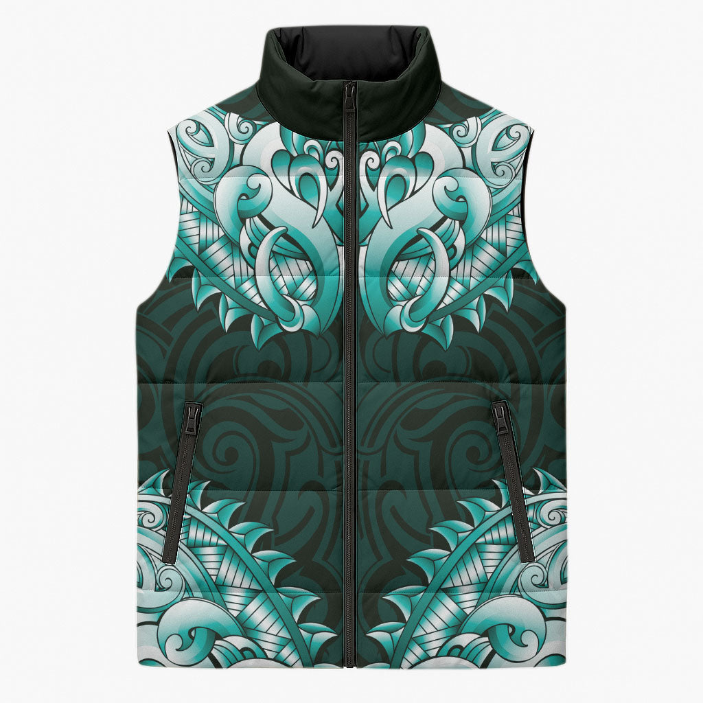New Zealand Ta Moko Sleeveless Puffer Jacket Aotearoa Maori Chest Tattoo Turquoise