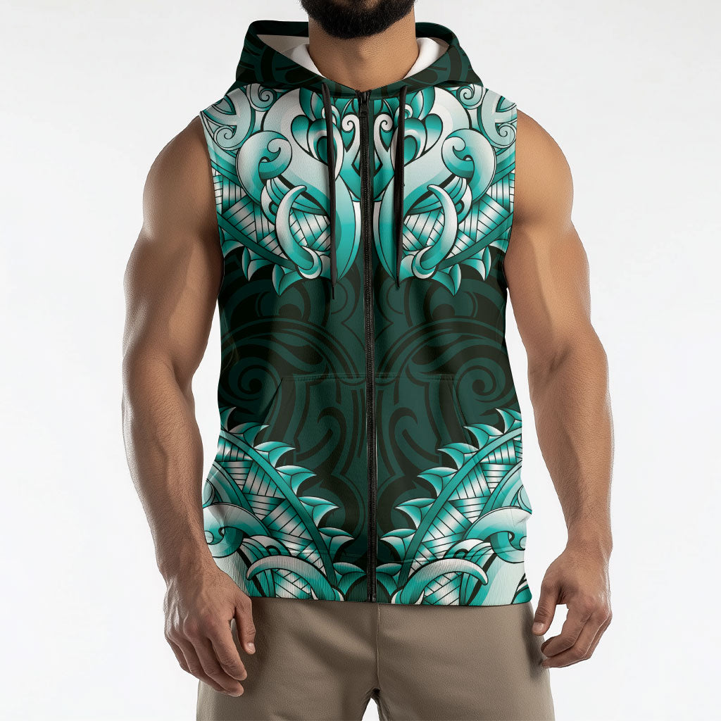 New Zealand Ta Moko Sleeveless Zip Hoodie Aotearoa Maori Chest Tattoo Turquoise