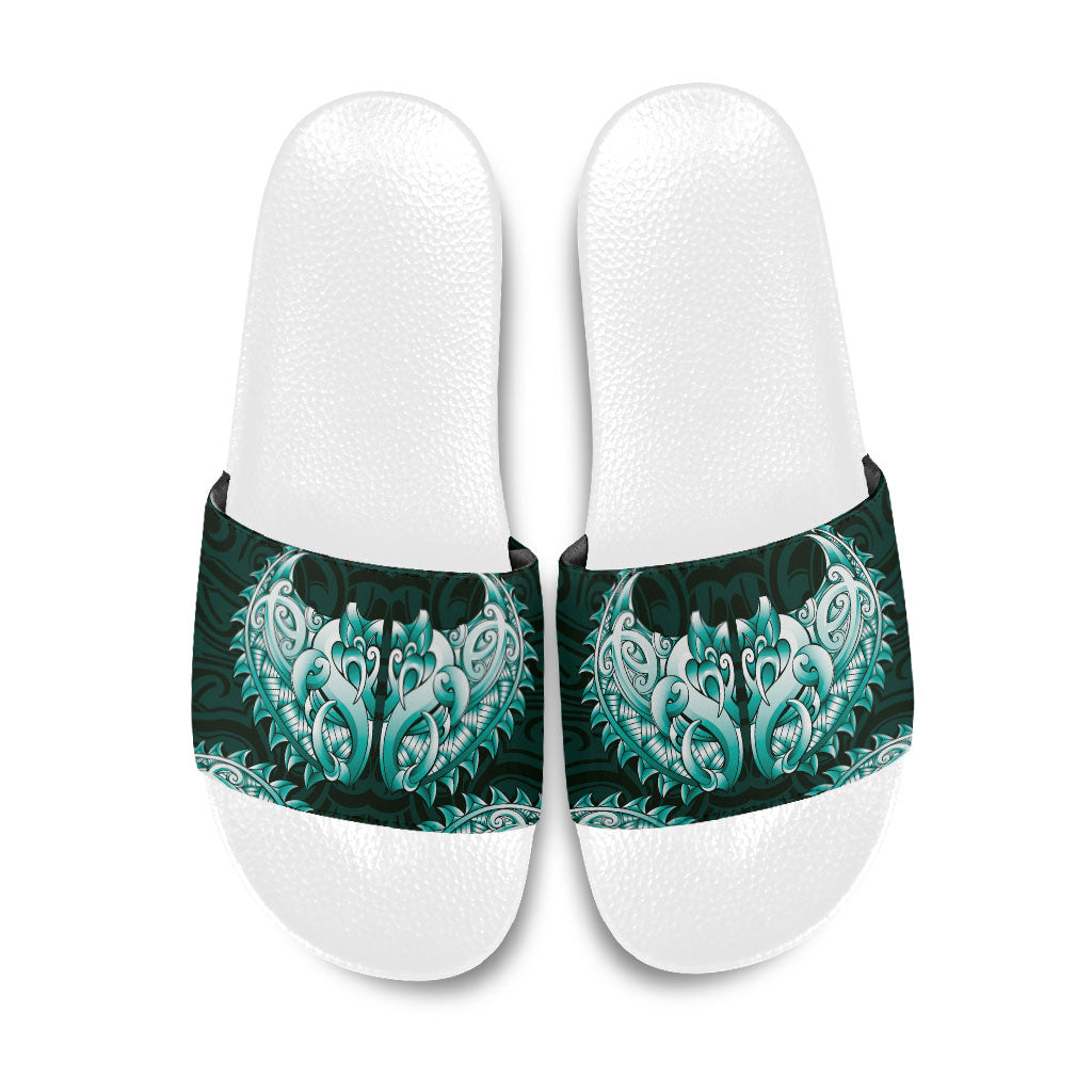 New Zealand Ta Moko Slide Sandals Aotearoa Maori Chest Tattoo Turquoise