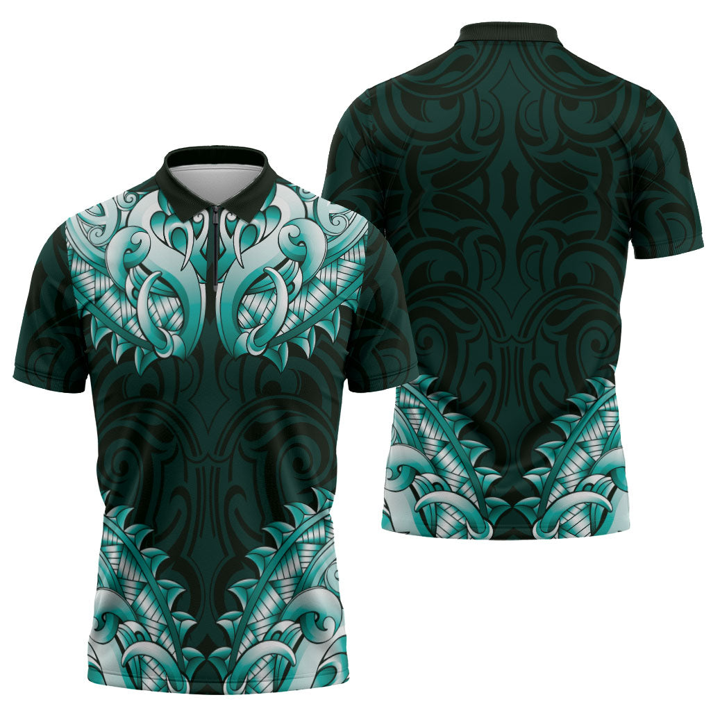New Zealand Ta Moko Zipper Polo Shirt Aotearoa Maori Chest Tattoo Turquoise