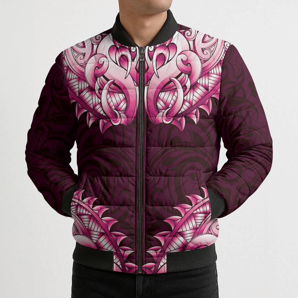 New Zealand Ta Moko Bomber Puffer Jacket Aotearoa Maori Chest Tattoo Pink